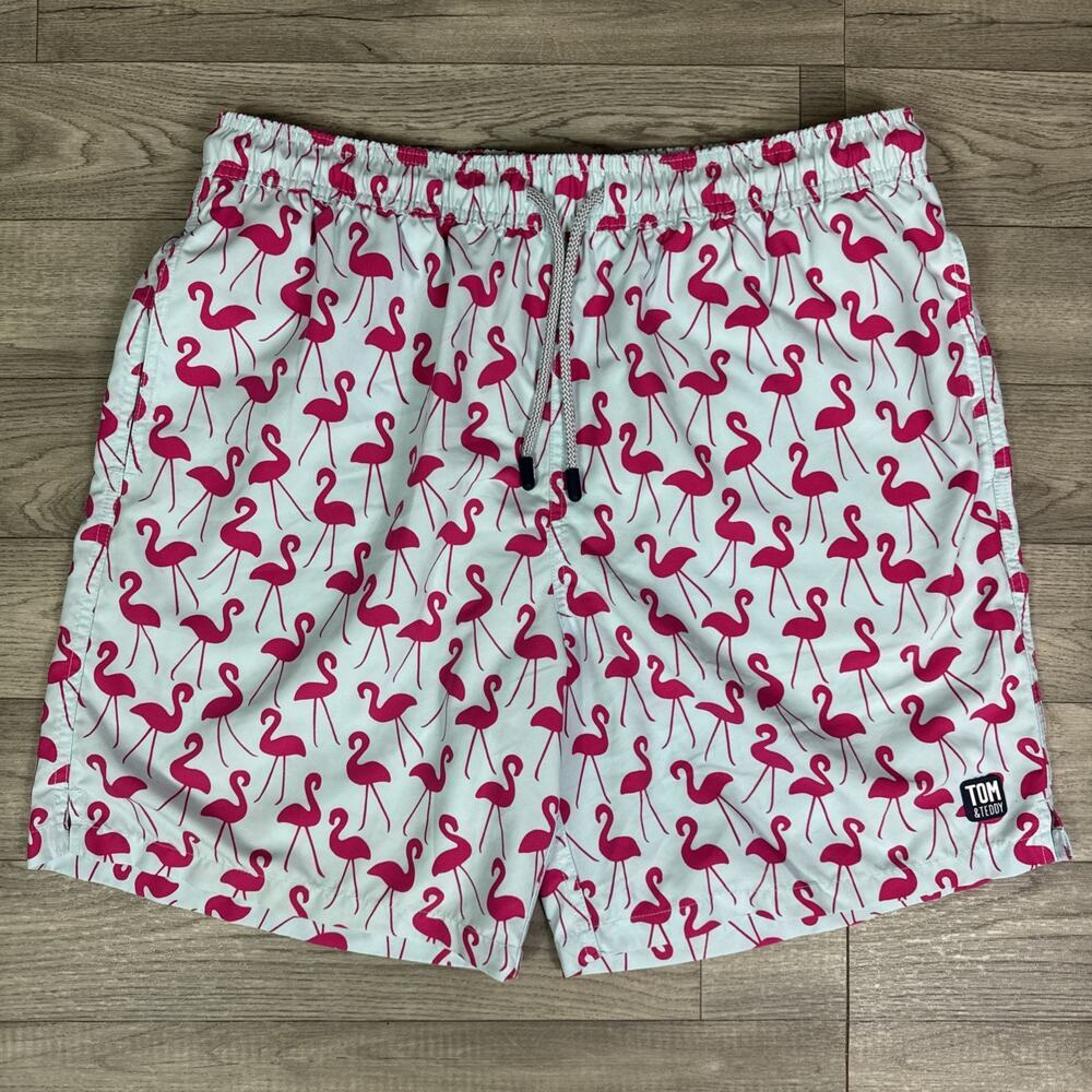 Tom & Teddy Flamingo Print Swim Trunks Shorts Light Blue Pink sz XL